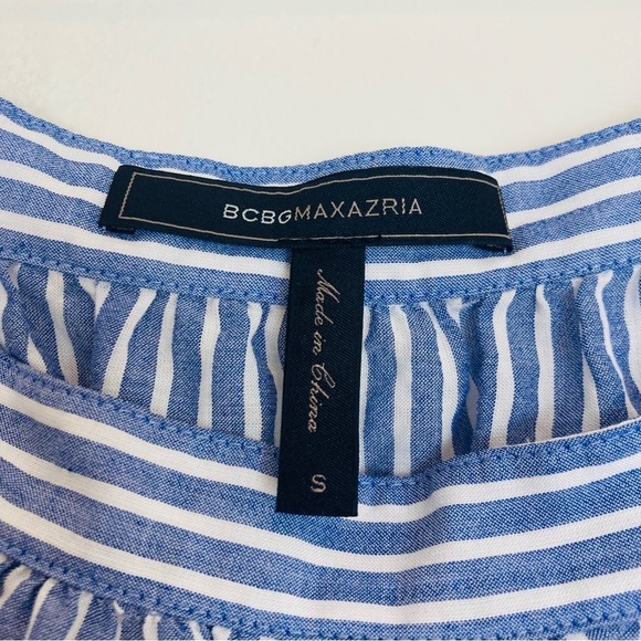 BCBG off the shoulder tie back long sleeve top in classic blue & white stripe. S - Picture 3 of 6